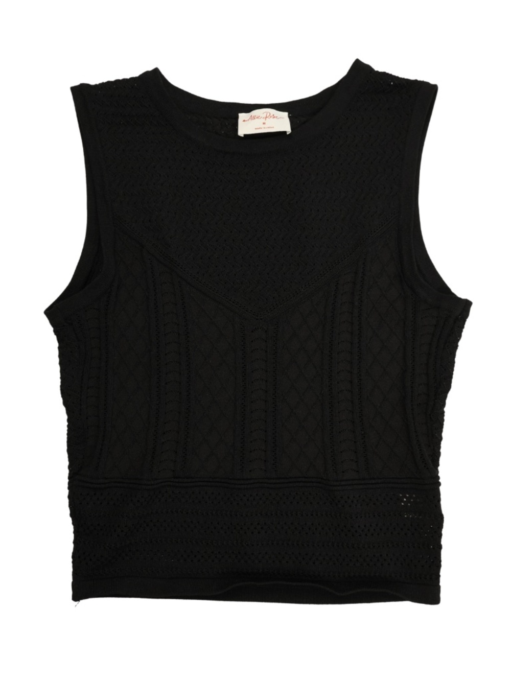 Allie Rose Black Pointelle Knit Sleeveless Top Womens Medium Cropped Sweater